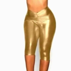 SKIMS NWT Swim Metallic V-Waist Pant Crop XXS Gold Scrunch Butt Ruching